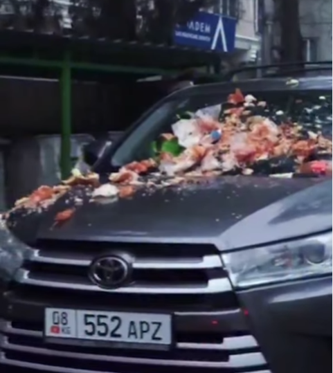 Тургундар туура эмес токтотулган унаага таштанды төгүп салган (ВИДЕО)